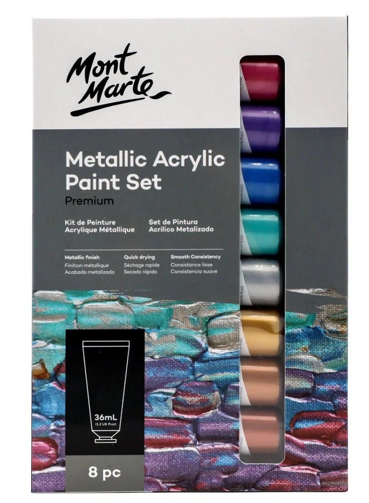 Mont Marte Premium Metallic Acrylic Paint Set 8 Piece X 36 ML Tubes